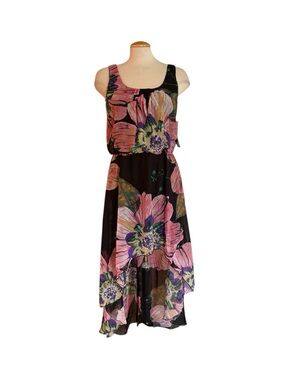 Snap Black High-Low Maxi Dress with Pink Floral Print